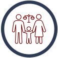 A red and white icon of a family with one child