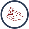 A red and white icon of a person holding a gavel.